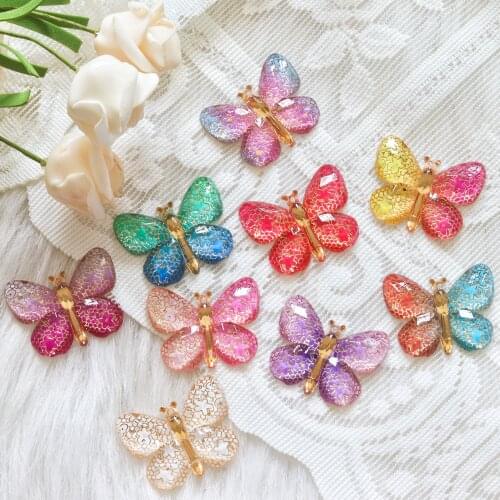 Bling colorful 5pcs Resin butterfly 1hole flatback DIY Wedding Appliques Craft Handmaking Ornaments
