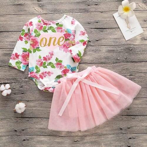 2019 Baby Girls 2-Piece/sets Long sleeved bodysuits & lace skirts Girls Clothes printed floral bow pink tutu skirt 1-3 years