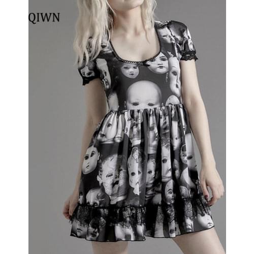 Grunge Face Print Black Dress Goth Lolita High Waist Lace Mini Dress Streetwear Sexy Short Sleeve Cosplay Party Dress