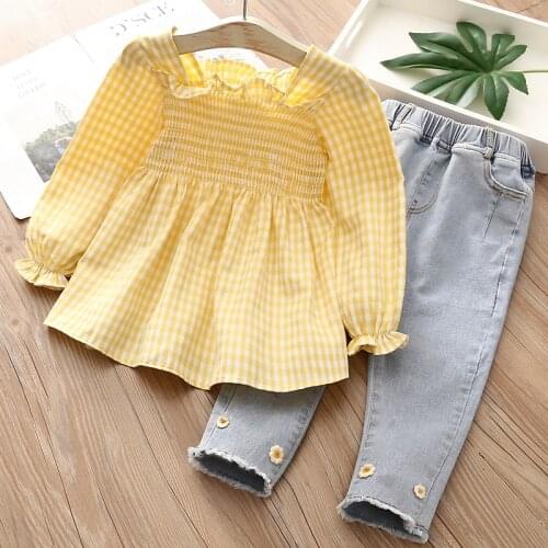 2021 Autumn Spring 2 3 4 7 8 10 Years Children Outfits Clothing Long Sleeve Plaid Blouse+Jeans 2 piece Suits Baby Kids Girl Sets