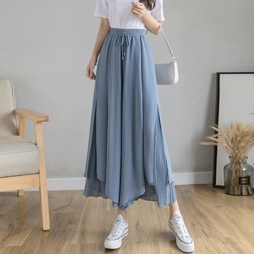 Double-Layer Chiffon Wide Leg Pants Womens Summer Thin High-Waist Loose Drape Elegant Nine Point Casual Female Wide Leg Pants