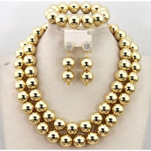 Elegant Smooth Face Gold Beads Necklace Earrings Set Fashion African Wedding Bridal HotLC028