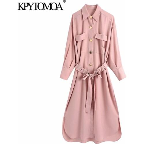 KPYTOMOA Women 2021 Fashion WIth Elastic Belt Oversized Midi Shirt Dress Vintage Long Sleeve Patch Pockets Female Dresses Mujer