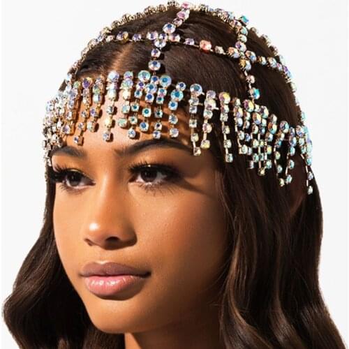 Ins Exaggerated Ethnic Style Color Rhinestone Tassel Stage Headdress Personality Grid Women’s Jewelry Headwear Hair Accessories