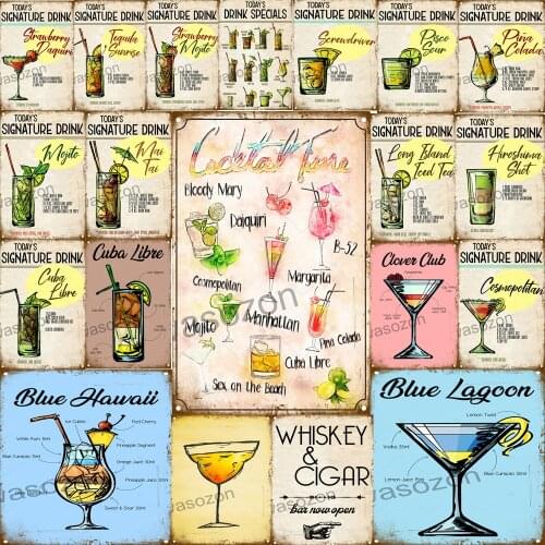 Mojito Whiskey Margarita Cosmopolitan Vintage Metal Tin Sign Pina Colada Poster Bar Pub Home Wall Decor Plaque Metal Art Sticker