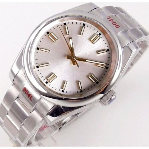 36MM Polished Bezel Mechancial Men Watch Gold Baton Hand Silver Dial Brushed Steel Oyster Band Screw Crown