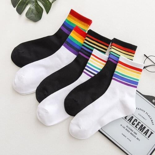 2019 Streetwear Rainbow Striped LGBT Kawaii Cute Korean Women Socks Warm Funny Candy White Black Short Winter Cotton Happy Socks