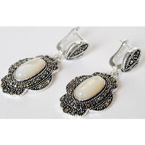 Wholesale good VINTAGE NATURAL WHITE SHELL 925 &MARCASITE EARRINGS 11/2" VALENTINES GIFT Fine Womans jewelry Genuine Wed