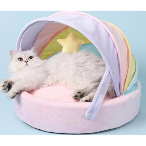 Rainbow Pet Dog Cat Bed House Soft Cozy Breathable Deep Sleep Kitten Puppy Sleep Nest Home Pad Cushion For Cat Bed Mat StarsToy