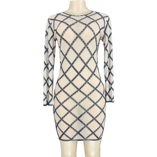 2020 SexyTransparent Rhinestones Short Dress Plaid Long Sleeve Women Birthday Prom Party Dresses Night Club Bar Dance Outfit
