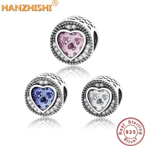 925 sterling silver Blue White Pink CZ Heart Charm Beads Fits Original pandora Charms Bracelet DIY Authentic Jewelry