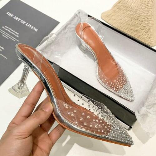 Silver PVC Transparent Women Pumps Crystal Pointy Toe High Heels Shoes Woman Perspex Spike Heel Back Strap Sandals