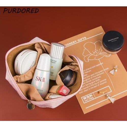 PURDORED 1 Pc Velvet Cosmetic Bag for Women Travel Vintage Makeup Bag Solid Color Female Zipper Velour Make Up Pouch Beauty Case