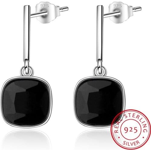 925 Silver Square Earring Women Jewelry S925 Sterling Silver boucle d'oreille Black Crystal Cubic Zirconia Stud Earrings