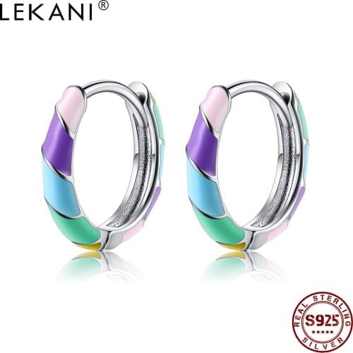 LEKANI Authentic 925 Sterling Silver Candy Colors Small Hoop Earrings For Women Girl Dazzle Party Prom Anniversary Fine Jewelry