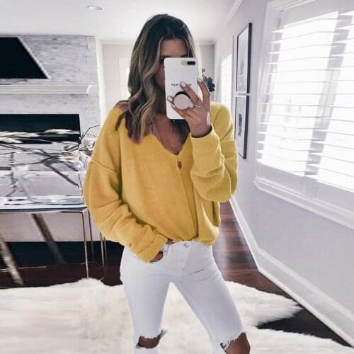 2019 New Arrival Autumn Winter Women Sweater Fashion Sexy V-neck Candy Color Outerwear Knitted Pullovers Tops Sueter Mujer