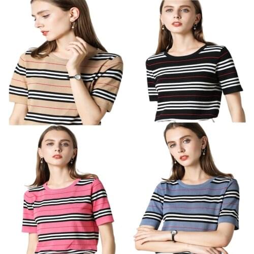 New Summer Autumn Women Ladies Classic Stripe Short Sleeve Knit Pull Sweater Thin Soft Fabric Khaki British Tops Pullover