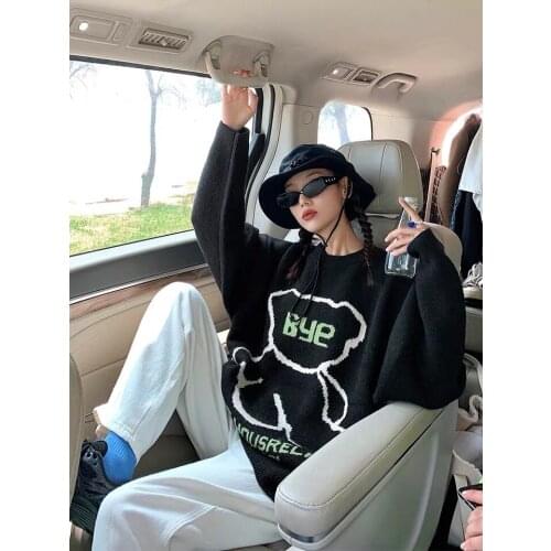 Pull Vintage Casual Street Bear Letter Printing Knitted Sweater Autumn Winter Loose O-Neck Warm Pullover Blusa De Frio Feminina