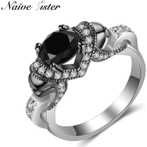 Fashion Skull Ring Black CZ Stone Skeleton Rings For Women 2 Tone Engagement Jewelry Wedding Band Cubic Zirconia Crystal Anillos