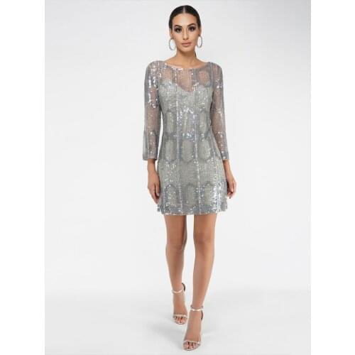 Sequined Short Jewel Sheath Silver Above Knee Party Wear Dresses for Women Long Sleeves Two Piece Sexy 2021 New Evening Gown