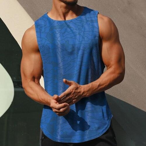 Summer Men Solid Color Casual Print Sleeveless Men Stylish Vest Sweat Absorbing O Neck Arc Hem Fitness Running Vest Loose Top
