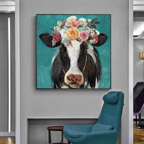 Animal Art Cow with Flowers on Its Head Canvas Painting Abstract Posters and Prints Wall Art Pictures for Living Room Home Decor