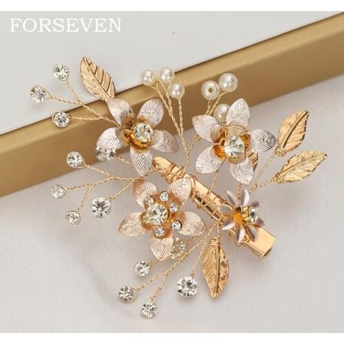 Golden Flower Bride Hair Clip Barrettes Fashion Hair Accessories Wedding Hair Jewelry Pearl Rhinestone Hairpins Women Headpiece