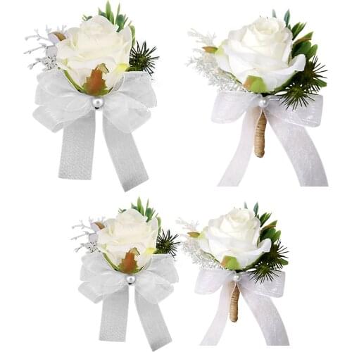 2pc White Wrist Corsage Bridesmaid Sisters Hand Flowers Artificial Bride Rose Flowers For Wedding Dancing Party Bridal Prom