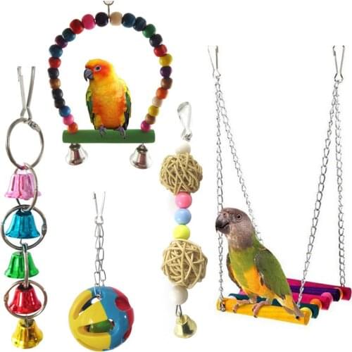 Pet Bird Parrot Toys with Hanging Chain and Bells and Swing and Wood Toys and Ball toys Total 5pcs a set BT043