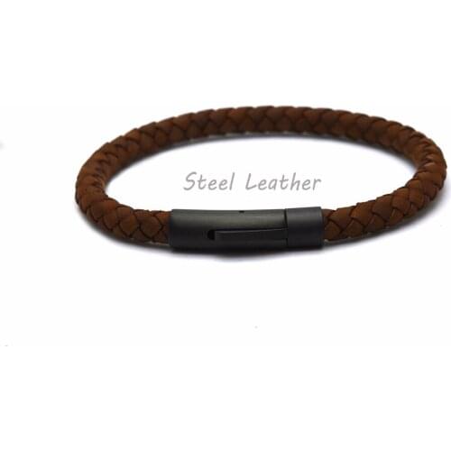 5pcs/lot engrave logo Braided Genuine Leather Bracelet Women Men Jewelry Stainless Steel Weave Fashion Wrist Band Bangles Gifts