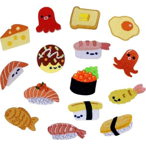 5Pcs Cartoon Embroidered Sushi Dessert Salmon Bread Cloth Patches DIY Craft Clothes Shoes Hats Bags Appliques Sewing Accessories