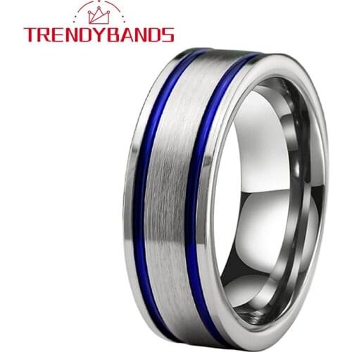 8MM Blue Tungsten Carbide Rings For Men Women Wedding Band Two Grooved Brushed Finish Comfort Fit