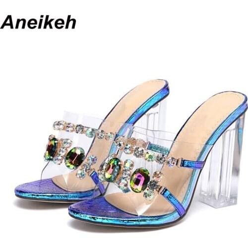 Aneikeh Summer Sexy PVC Transparent Crystal Slippers Shoes Women Diamond Slides Clear Peep Toe High Heels Mules Dress Pumps