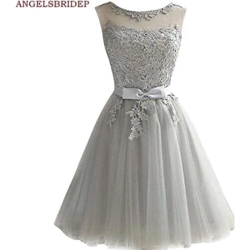 ANGELSBRIDEP Sheer-Neck Short Homecoming Dresses Vestidos De Festa Applique Sash Special Occasion Cinderella Graduation Gowns