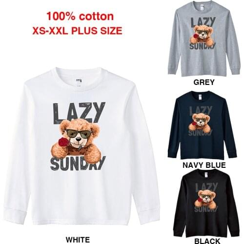BLINGPAW Spring/Autumn Teddy Bear Rose Lazy Sunday Graphics Unisex Long Sleeve T-Shirt O-Neck Tops Casual 100% Cotton
