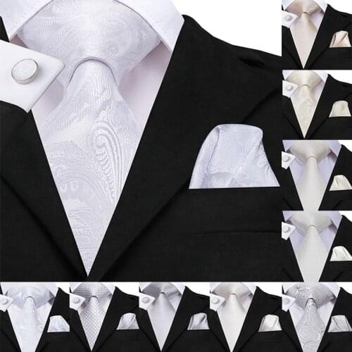 Hi-Tie Hanky Cufflinks Set Ties For Mens 8.5cm 100% Silk Paisley Pattern Mens Tie White Designer Business Wedding Party Necktie