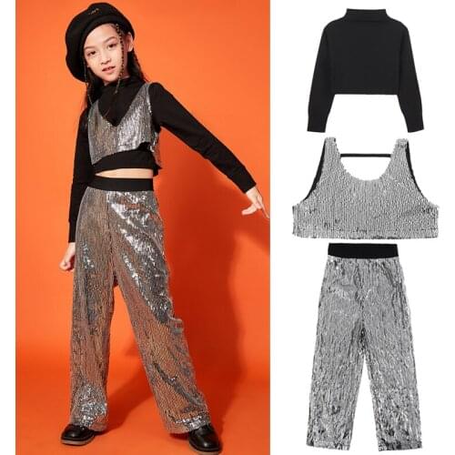 Girls Jazz Dance Costume Sequin Stage Outfit Cheerlead Modern Dance Clothes Jazz Performance Kids Hip Hop Clothing Wear BL5418