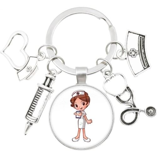 New/High Quality 1 Piece Nurse Medical Syringe Stethoscope Image Keychain Glass Cabochon Dome Key Ring Pendant Jewelry Gift