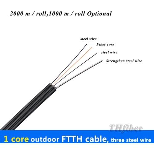 Optical fiber Outdoor Indoor FTTH drop cable 1 core self-supporting fiber optic cable with 3 steel 1000M/2000M 1310nm/1550nm