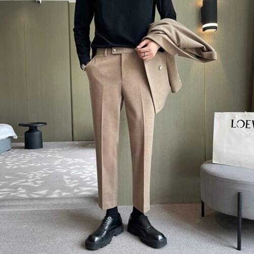 2021 Autumn Winter Woolen Business Dress Pant for Men Vintage Streetwear Casual Trousers Formal Social Suit Pants Costume Homme