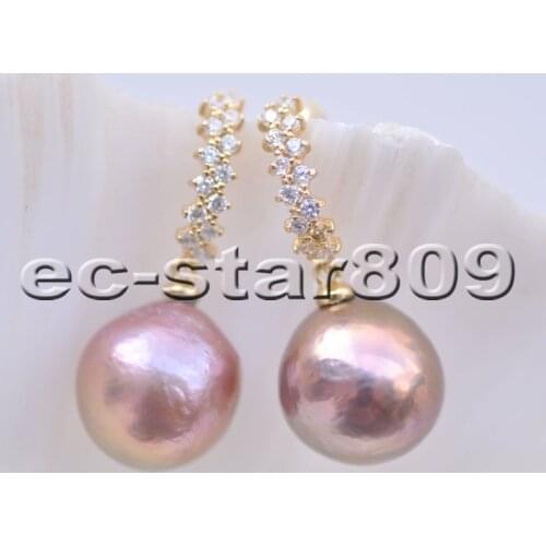 P6550 Lustre 13mm Round Lavender Keshi Edison PEARL Dangle Earring CZ