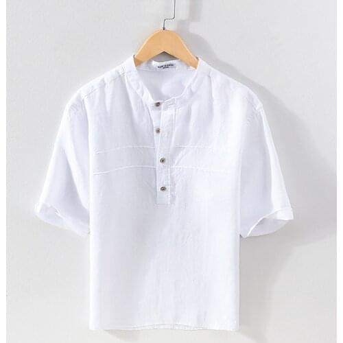 100% Linen Short Sleeve Shirt for Men Summer New Casual Tops Male Solid Color Stand Collar Pullover Retro Clothes Hemp Shirt