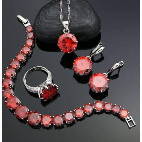 Silver 925 Jewelry Sets for Women Wedding Accessories Red Cubic Zirconia Drop Earrings Pendant Ring Bracelet Necklace Kits