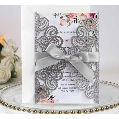 Silver Glitter Wedding Invitations with Ribbon and Envelope Printable Laser Cut Quinceanera Invitations Sprinkle Invites 50pc