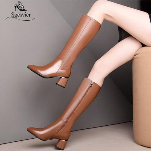 Sgesvier 2020 large size 33-45 winter keep warm knee high boots fashion pointed toe high heels shoes genuine leather women boots