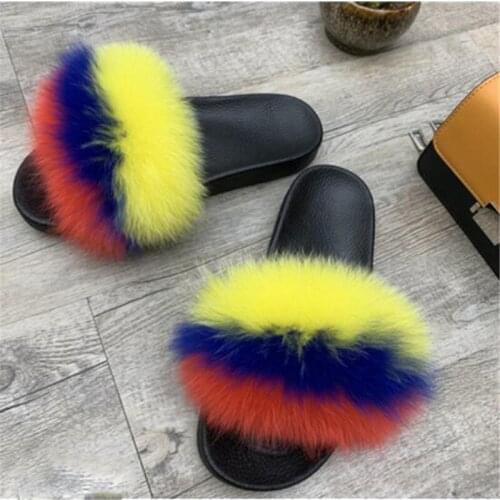 Womens Winter Fox Fur Slippers Cute Striped Fluffy Plush Shoes Woman Fur Slides Outside Furry Flip Flops Female Fur Sandals 45