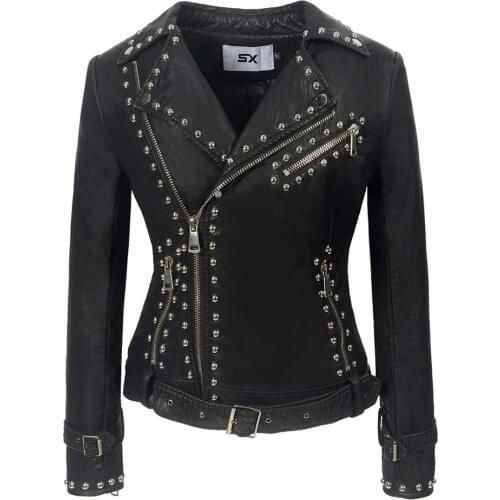SX Gothic PU faux leather Belt Rivet Jacket Women Autumn Winter Fashion Motorcycle Jacket Black PUNK Outerwear 2019