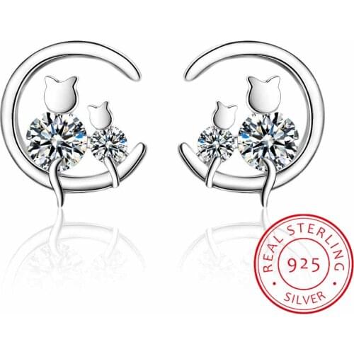 100% Real Pure 925 Sterling Silver Earrings Moon Cubic Zirconia Cats Stud Earrings For Women Korean Earrings New Fine Jewelry