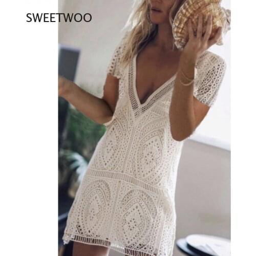 Women Sexy Boho Hollow Out Backless Deep V Neck White Beach Dress Short Sleeve Lace Up Tassel Loose Holiday Casual Mini Dress