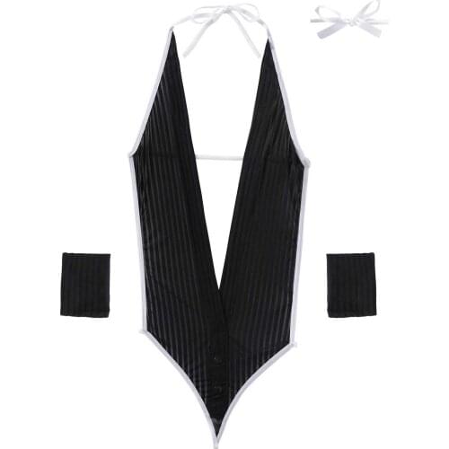 Womens Sexy Lingerie Body Suit Erotic Sexy See Through Halter Lace-up Backless Bodysuit Underwear with Cuff Adjustable Neck Ring